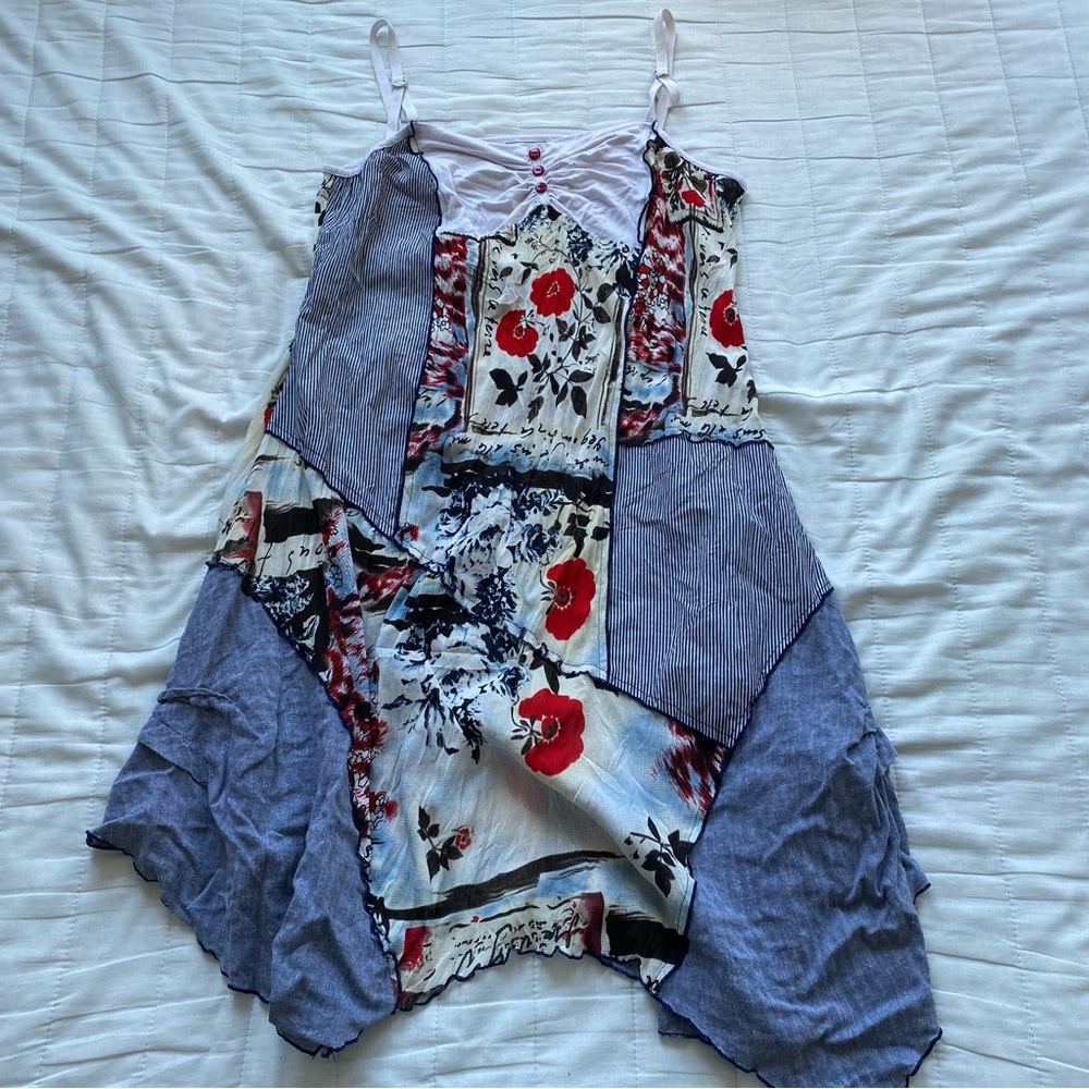 Patchwork Floral Spaghetti Strap Slip Dress - Blue & Red